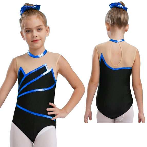 renvena Kids Girls Gymnastic Leotard Mock Neck Sleeveless Bodysuit Ballet Dancewear Royal Blue 10