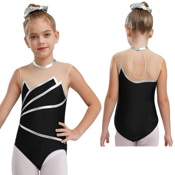 renvena Kids Girls Gymnastic Leotard Mock Neck Sleeveless Bodysuit Ballet Dancewear Silver 4