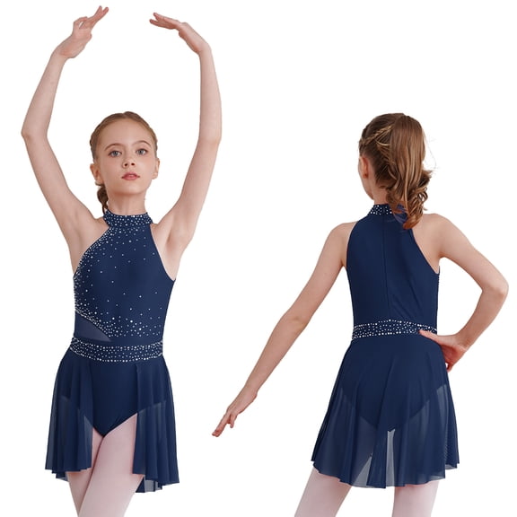 renvena Kids Girls Gymnastics Leotard High-Low Tutu Skirt Sleeveless Ballet Lyrical Ballerina Dance Dress A Navy Blue 12