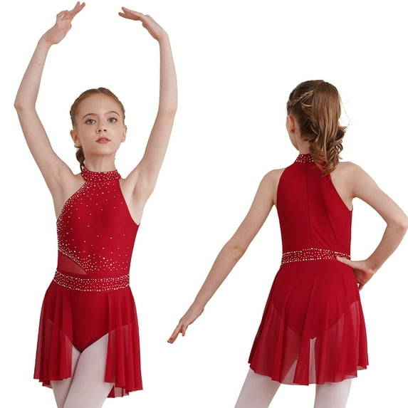 renvena Kids Girls Gymnastics Leotard High-Low Tutu Skirt Sleeveless Ballet Lyrical Ballerina Dance Dress Burgundy 6