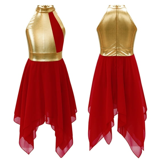 renvena Kids Girls Halter Metallic Praise Overlay Dress Chiffon Patchwork Lyrical Dance Burgundy 14