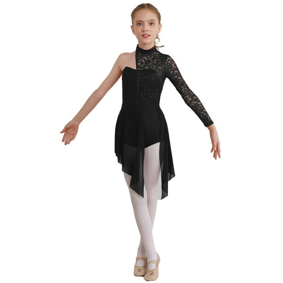 renvena Kids Girls High Neck High-low Chiffon Ballet Leotard Lyrical Dance Floral Lace Figure Ice Skating Dress Size 6-16 Black 12