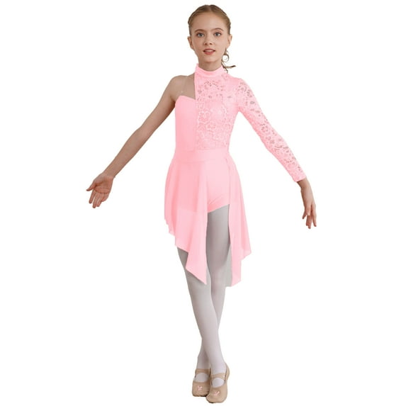 renvena Kids Girls High Neck High-low Chiffon Ballet Leotard Lyrical Dance Floral Lace Figure Ice Skating Dress Size 6-16 Pink 10