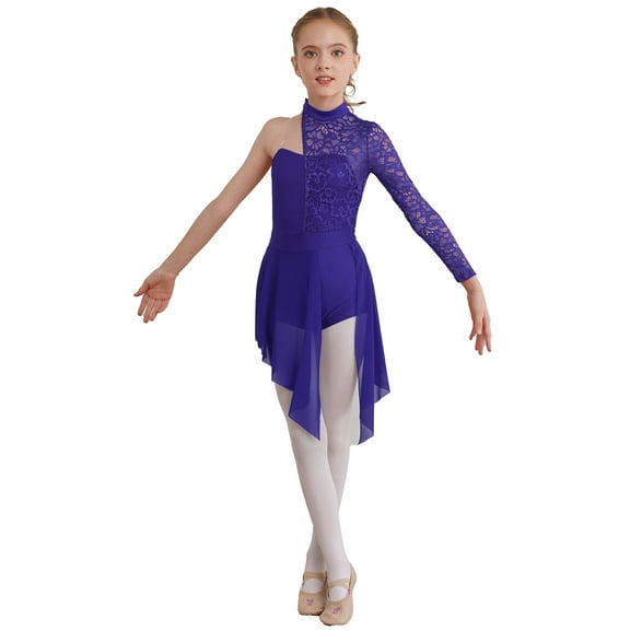 renvena Kids Girls High Neck High-low Chiffon Ballet Leotard Lyrical Dance Floral Lace Figure Ice Skating Dress Size 6-16 Purple 10