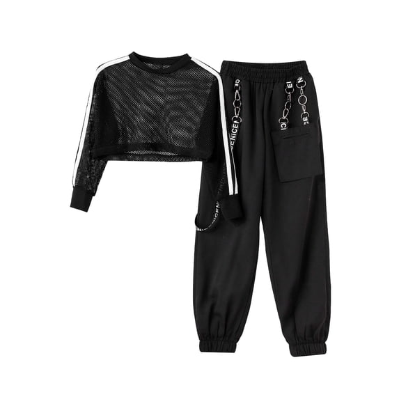 renvena Kids Girls Hip Hop Dance Clothes Mesh Hoodie Crop Tank Tops Leggings Modern Jazz Team Performance Costume Black 6