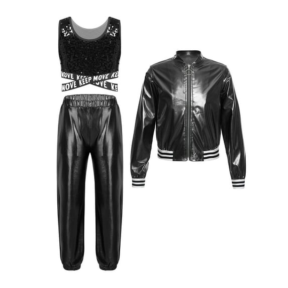 renvena Kids Girls Hip Hop Street Dance Performance Costume Sequins Crop Top Long Sleeve Bomber Black 6