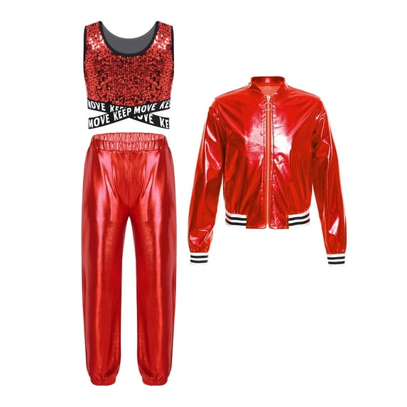 renvena Kids Girls Hip Hop Street Dance Performance Costume Sequins Crop Top Long Sleeve Bomber Red 16