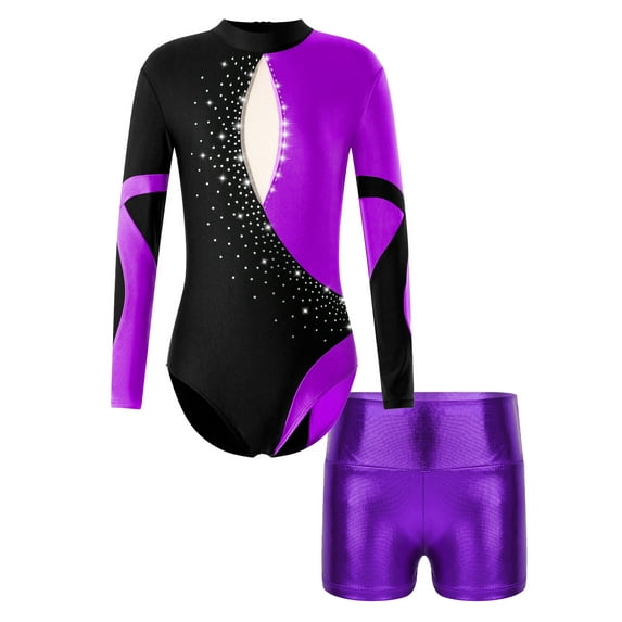 renvena Kids Girls Long Sleeve Gymnastic Leotard Ballet Dance Bodysuit Top with Metallic Shorts Dancewear