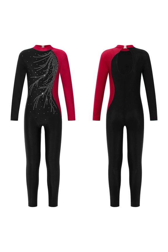 Kids Girls Long Sleeve High Neck Shiny Rhinestone Full Body Gymnastics Leotard Ballet Dance 4-16