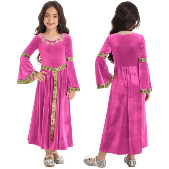 renvena Kids Girls Long Sleeve Medieval Princess Renaissance Maxi Dress Size 6-16 Hot Pink 6