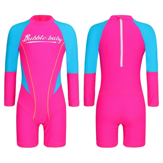 renvena Kids Girls Long Sleeve One Piece Bathing Suit UV Sun Protection Swimsuit Beach Sports Swimwear Pink 9-10