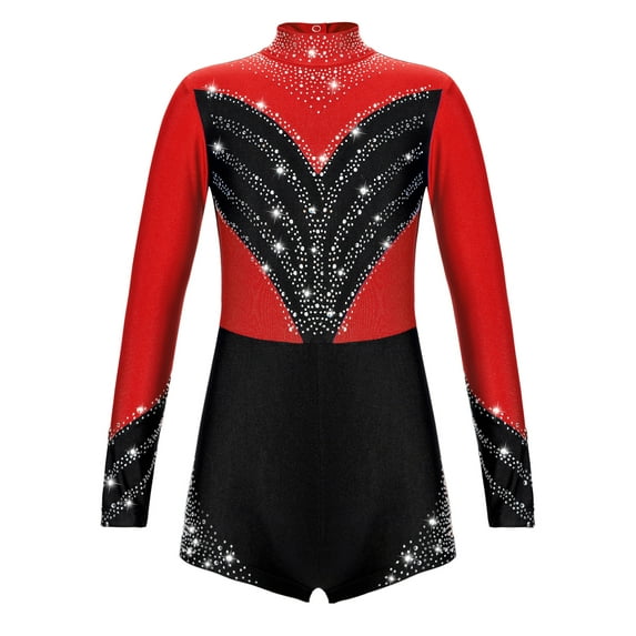 renvena Kids Girls Long Sleeve Shiny Diamond Gymnastics Leotard Ballet Dance 6-16 A Red 16