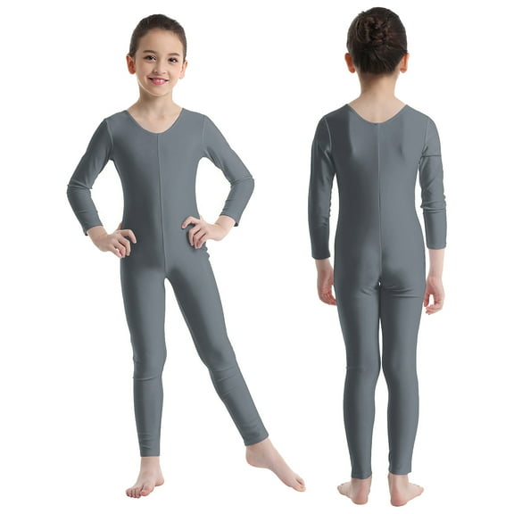 renvena Kids Girls Long Sleeves Full Body Unitard Gymnastics Leotard Dancewear Size 3-14 Grey 13-14