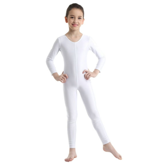 renvena Kids Girls Long Sleeves Full Body Unitard Gymnastics Leotard Dancewear Size 3-14 White 5-6