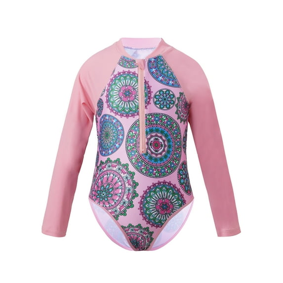 renvena Kids Girls Long Sleeves Zipper Rash Guard Swimwear Sun Protection Swimsuit Bathing Suit 4-16 Pink Flower 12