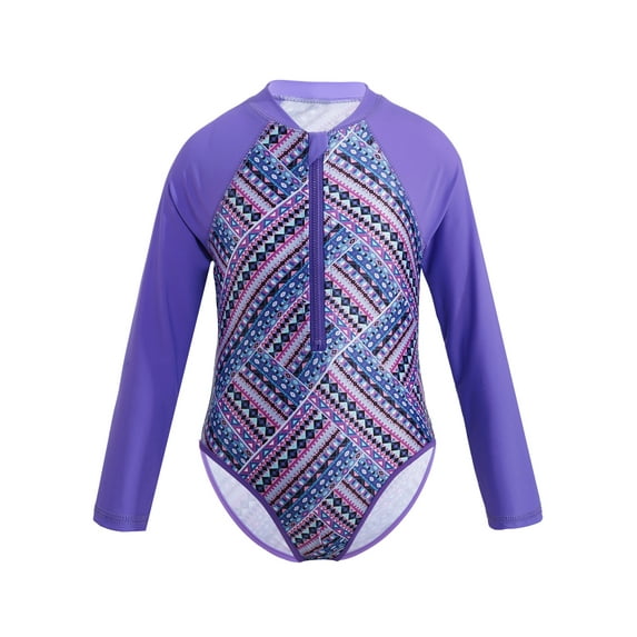 renvena Kids Girls Long Sleeves Zipper Rash Guard Swimwear Sun Protection Swimsuit Bathing Suit 4-16 Purple 12