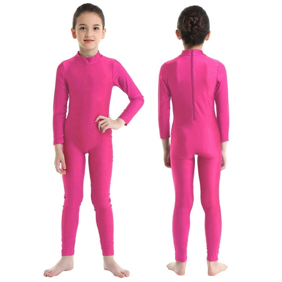 renvena Kids Girls Long Sleeves Zippered Back Ballet Dance Gymnastics Leotard Unitard Rose 7-8