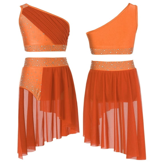 renvena Kids Girls Lyrical Dress Ballet Dance Ballroom Athletic Crop Tops with Skirt Shorts Set A Orange 12