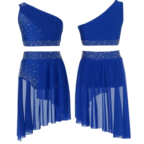 renvena Kids Girls Lyrical Dress Ballet Dance Ballroom Athletic Crop Tops with Skirt Shorts Set Blue 12