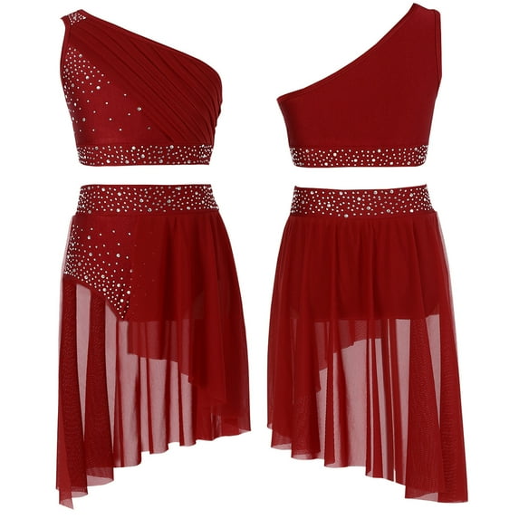 renvena Kids Girls Lyrical Dress Ballet Dance Ballroom Athletic Crop Tops with Skirt Shorts Set Burgundy 14