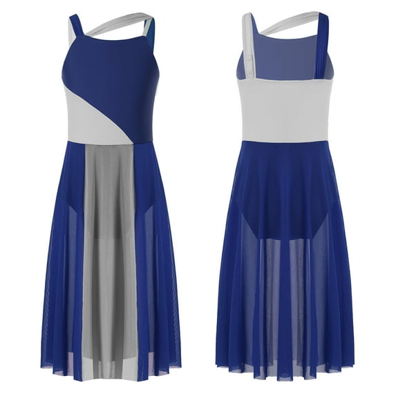 renvena Kids Girls Lyrical Dress Sleeveless Mesh Color Block Leotard Modern Contemporary Dance Costume