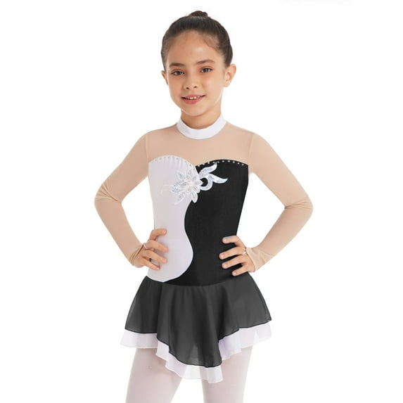 renvena Kids Girls Mesh Long Sleeve Rhinestone Leotard Dress Figure Ice Skating Ballet Dance Dress