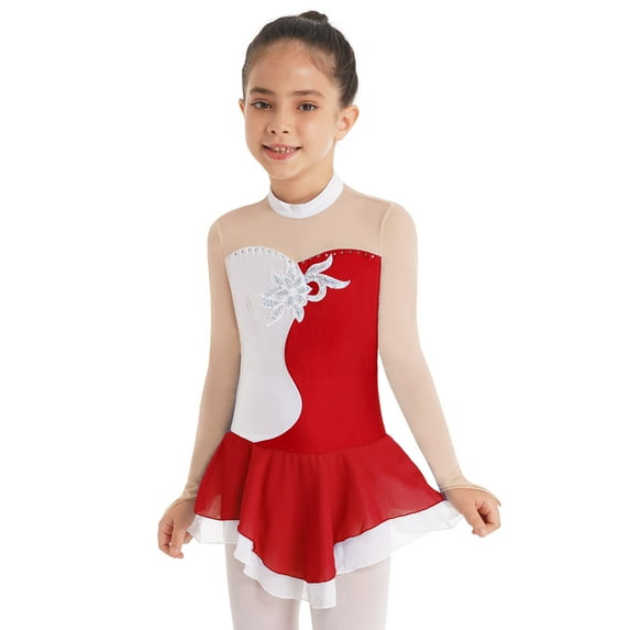 renvena Kids Girls Mesh Long Sleeve Rhinestone Leotard Dress Figure Ice Skating Ballet Dance Dress