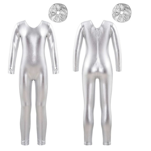 renvena Kids Girls Metallic Long Sleeve Gymnastic Leotard Unitard Full Body Ballet Dance One Piece Jumpsuit and Scrunchie A Silver 8