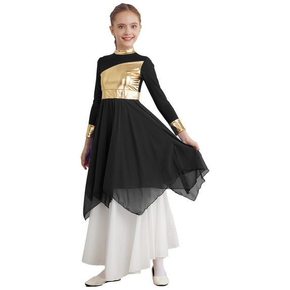 renvena Kids Girls Metallic Long Sleeve Worship Praise Dance Dress Lyrical Liturgical Church Costume Size 6-16 Black 14