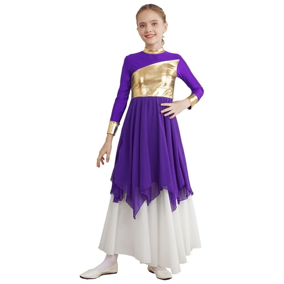 renvena Kids Girls Metallic Long Sleeve Worship Praise Dance Dress Lyrical Liturgical Church Costume Size 6-16 Purple 14