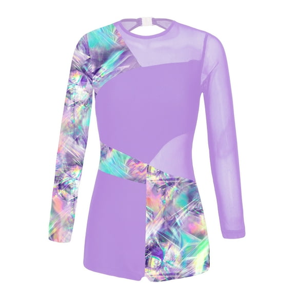 renvena Kids Girls One Piece Gymnastics Leotard Long Sleeve Ballet Dance Bodysuit Short Unitard Lavender 8