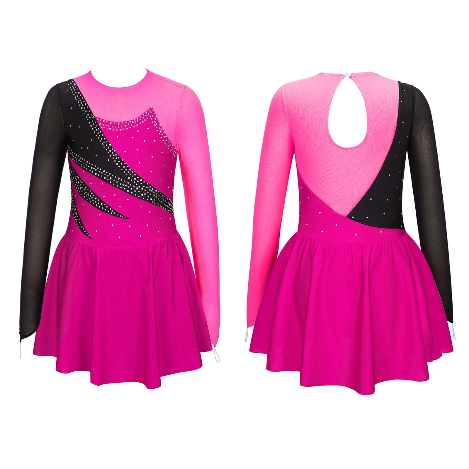 renvena Kids Girls Rhinestone Mesh Long Sleeve Figure Ice Skating