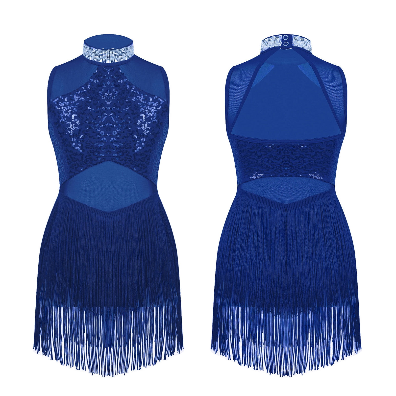 renvena Kids Girls Rhinestone Sequin Tassel Dress Ballet Tango Rumba