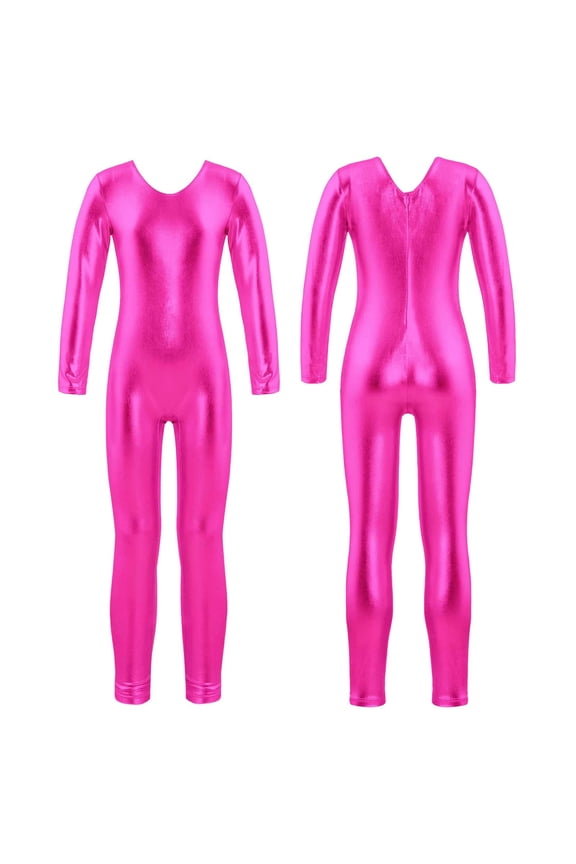 Kids Girls Rhinestone Shiny Metallic Long Sleeve Gymnastics Leotard Costume 4-14 Hot Pink 6
