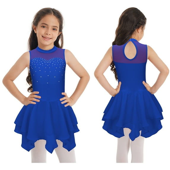 renvena Kids Girls Rhinestones Ballet Dance Sleeveless Turtleneck Gymnastic Tutu Dress 6-16 A Royal Blue 16
