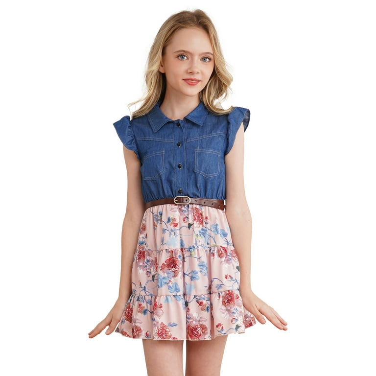renvena Kids Girls Ruffle Sleeve Denim Tops Floral Print Skirt