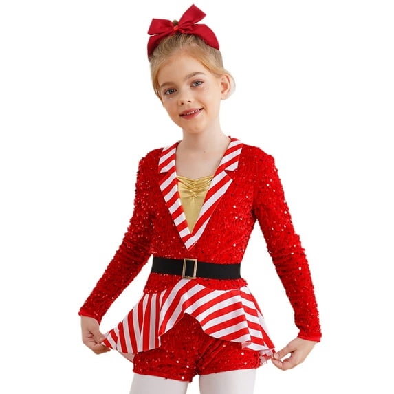 renvena Kids Girls Santa Helper Christmas Party Shiny Sequins Long Sleeve Ballet Dance Leotard Dress Up Red 6