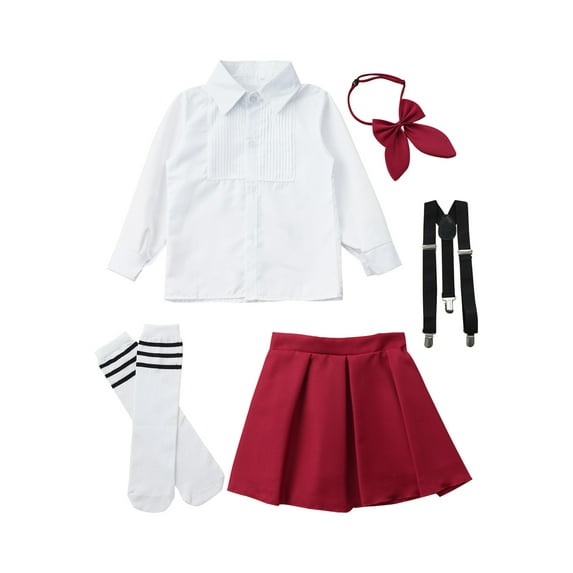 renvena Kids Girls School Uniform Skirt Set Japanese Anime Costume Outfit 3-16 Type A Burgundy 11-12
