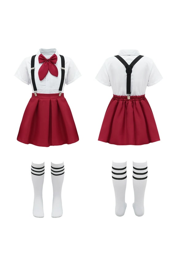 Kids Girls School Uniform Skirt Set Japanese Anime Costume Outfit 3-16 Type B Burgundy 5-6