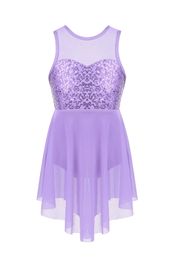 Kids Girls Sequin Camisole Leotard Tulle Dress Ballet Lyrical Dancewear Stage Performance Lavender 16