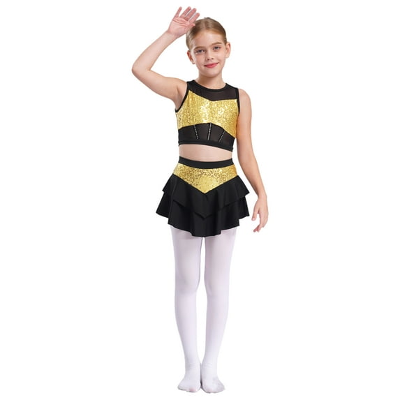 renvena Kids Girls Sequin Crop Top with Skirt Set Jazz Latin Hip Hop Modern Lyrical Dance Outfits Performance Costume Gold 12