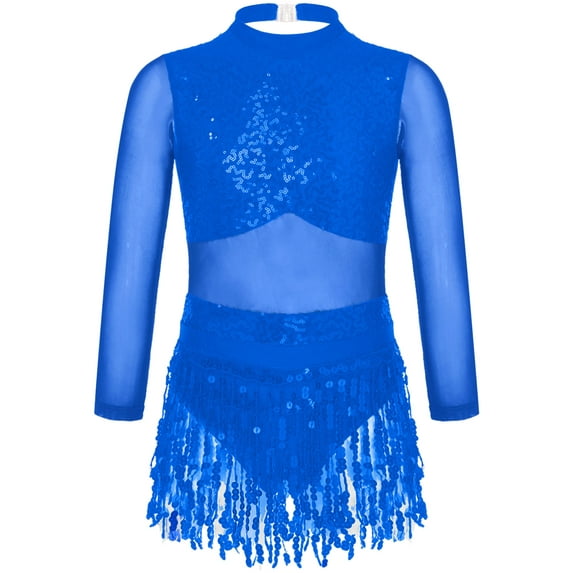 renvena Kids Girls Sequin Tassel Latin Ballet Dance Leotard Dress 6-16 Royal Blue 10