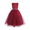 thumbnail image 1 of renvena Kids Girls Sequined Floral Lace Mesh with Rhinestone Belt Wedding Pageant Prom Dress 2-16 Burgundy 2, 1 of 7