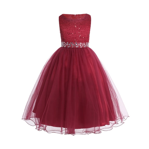 renvena Kids Girls Sequined Floral Lace Mesh with Rhinestone Belt Wedding Pageant Prom Dress 2-16 Burgundy 2