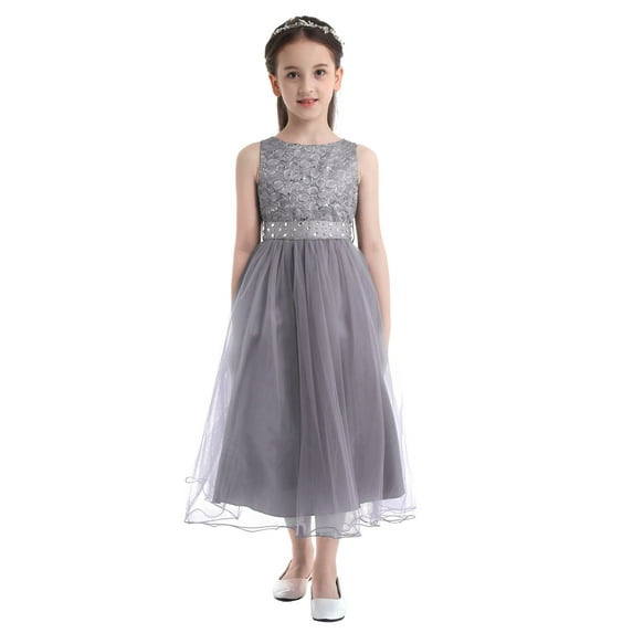 renvena Kids Girls Sequined Floral Lace Mesh with Rhinestone Belt Wedding Pageant Prom Dress 2-16 Gray 6