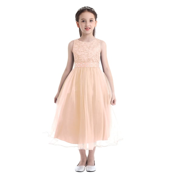 renvena Kids Girls Sequined Floral Lace Mesh with Rhinestone Belt Wedding Pageant Prom Dress 2-16 Pearl Pink 8