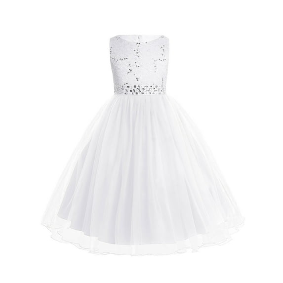 renvena Kids Girls Sequined Floral Lace Mesh with Rhinestone Belt Wedding Pageant Prom Dress 2-16 White 6