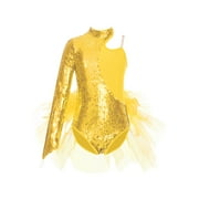 renvena Kids Girls Sequins Feather Tulle Skirted Leotard Unitard Biketard Latin Modern Jazz Dancewear Gold 16