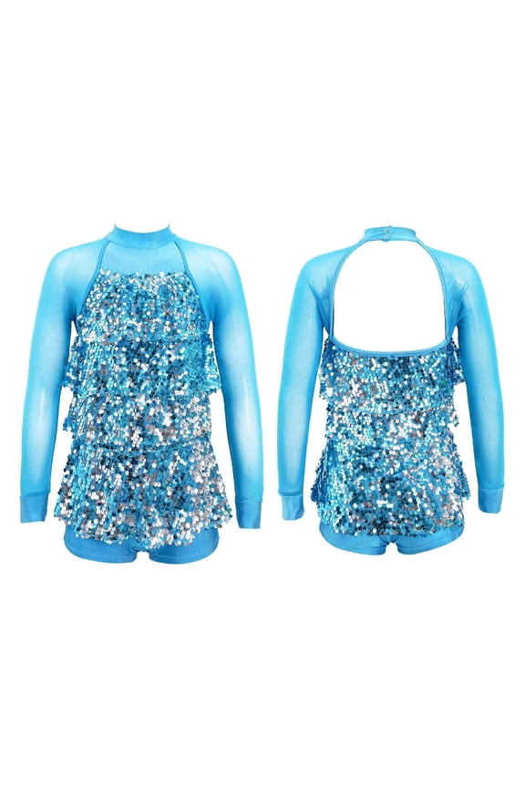 Kids Girls Sequins Hip-Hop Jazz Latin Dance Unitard Ballet Leotard Dress Costume