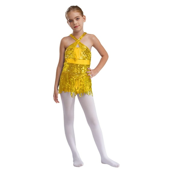renvena Kids Girls Sequins Latin Salsa Ballet Dance Dress Crisscross Back Jazz Fringe Tassel Performance Gold 14